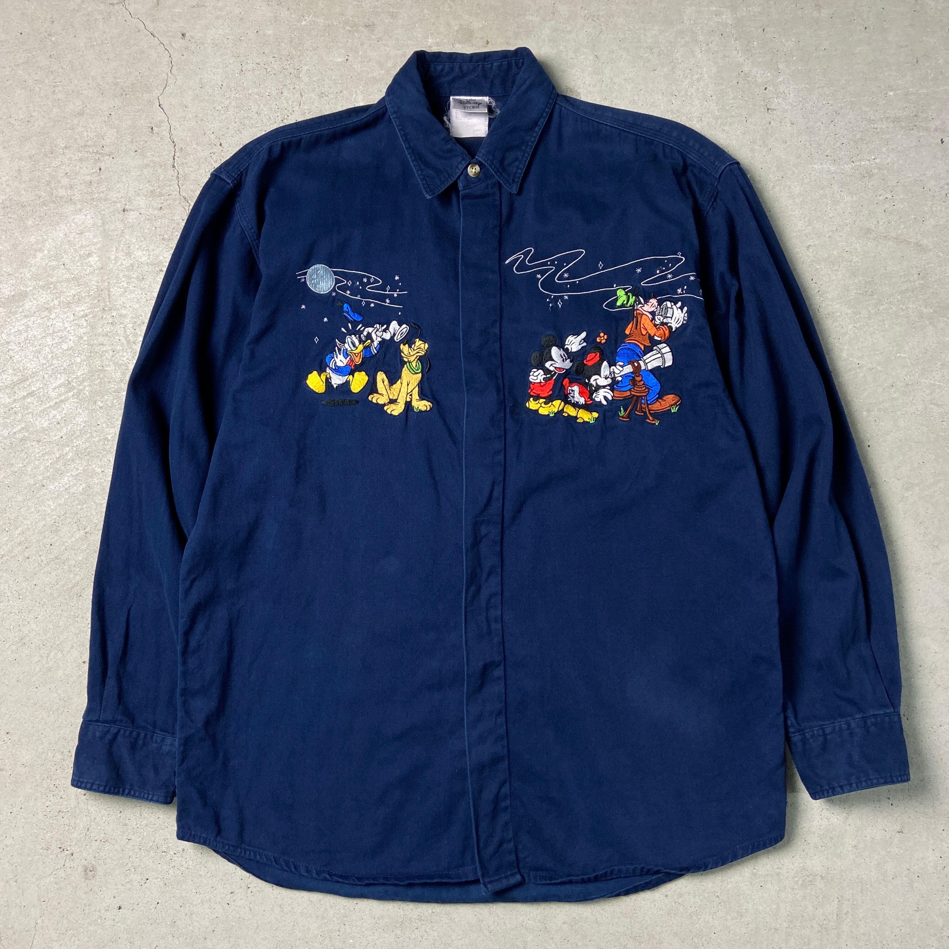 ☆90s Disney ミッキー 刺繍 チェック柄 長袖 シャツ キャラ