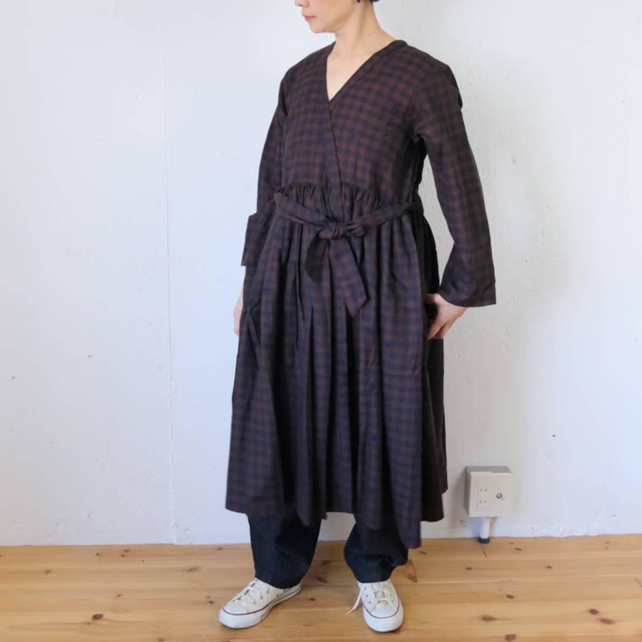 maison de soil（メゾンドソイル）ギンガム+ジャガード柄 カシュクールワンピース