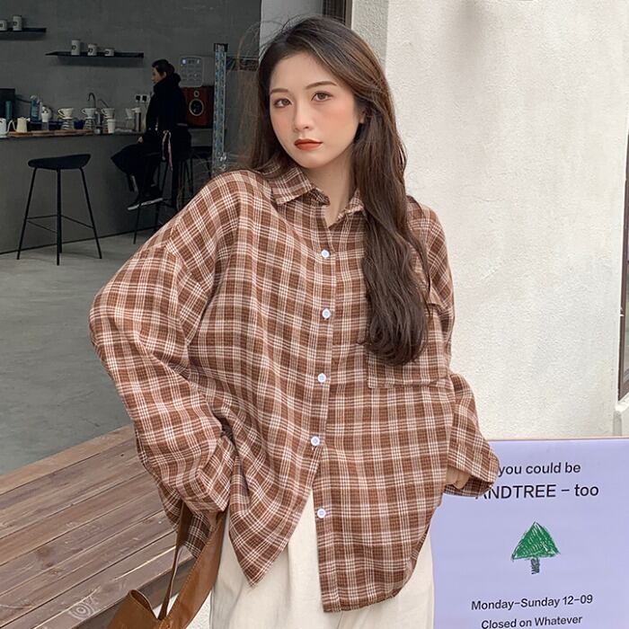 シャツ スプリングスタンダード格子柄ルーズジャケット ロング レトロ 春物 1号婦人74551011749