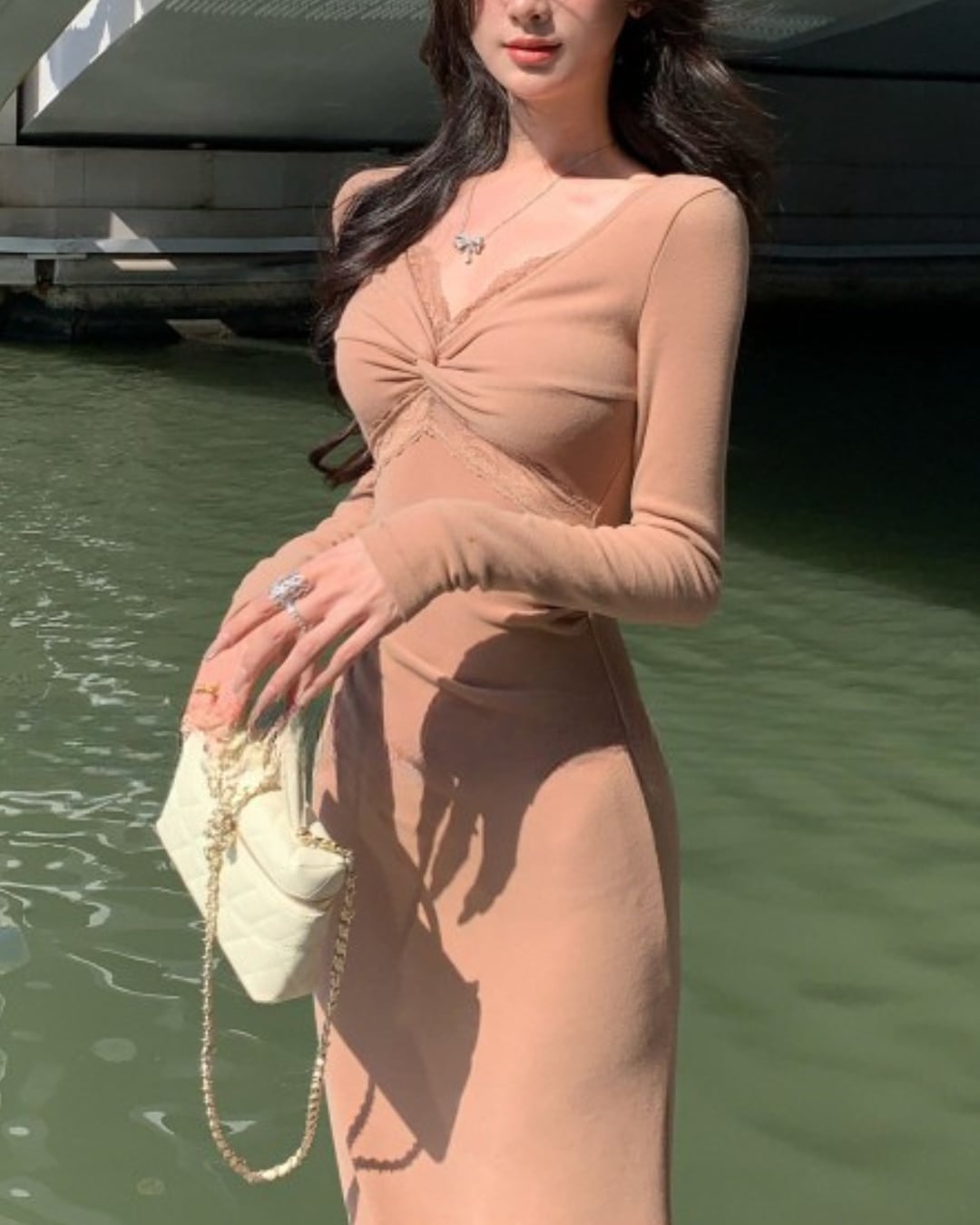 レースクロススリムロングワンピース l5332