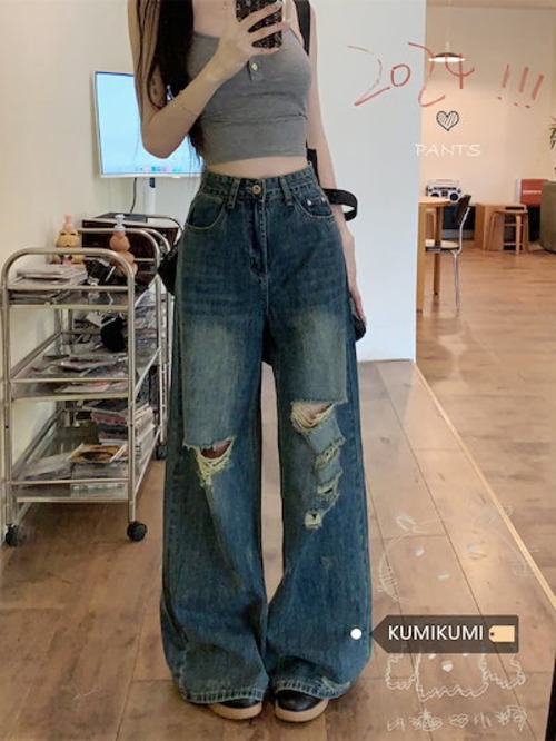 脚長効果！スキニーデニムパンツ レディース 破れたズボン おしゃれ 美脚 パンツ ワイドパンツ ロングパンツ 春夏秋 ズボン 韓国