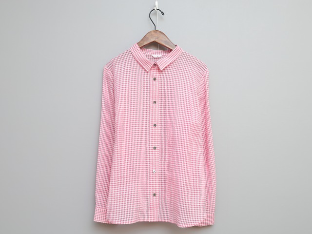コットンラミーギンガムチェックの角衿長袖シャツ　COL/ピンク×白