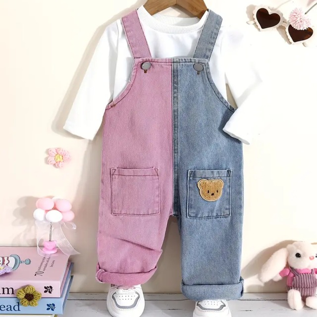 【即納】くまちゃんワッペンサロペットジーンズ