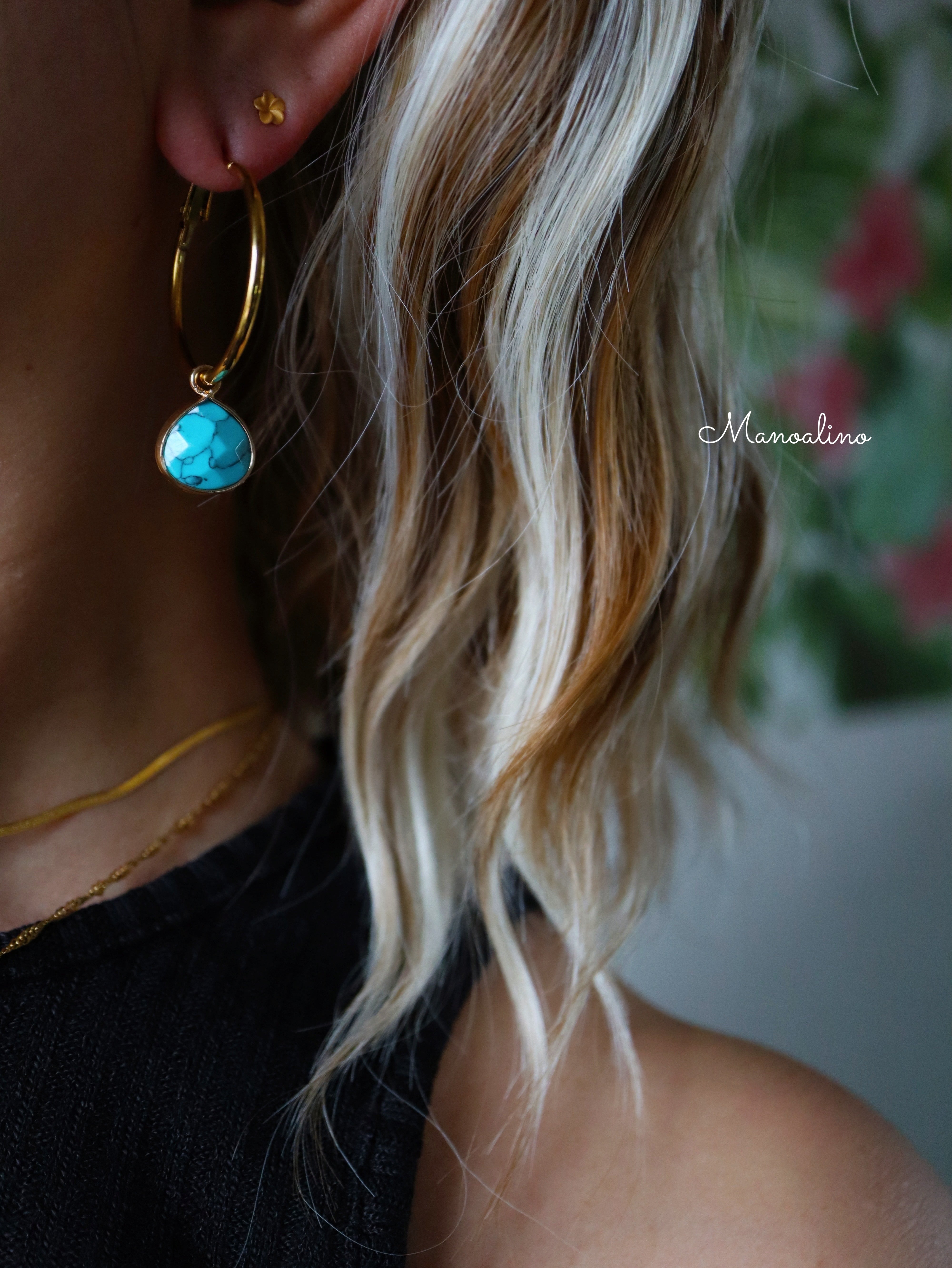 Hawaiian hoop earring turquoise(ぷっくりマロンシェイプターコイズ