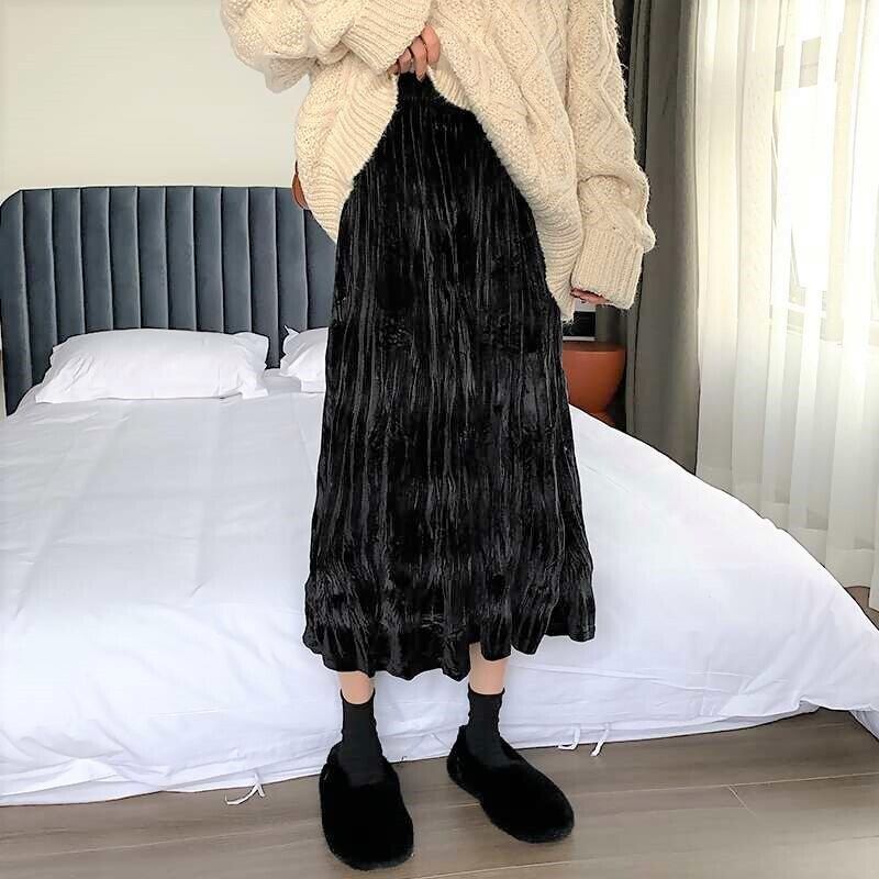 くしゅっと 上品な光沢感 ベロア ロングスカート ミモレ丈 シワ加工 脚長見え 着回し抜群 大人女子 女っぽ フェミニン オシャかわ Lamitte Deco トレンド 韓国ファッション ショップ Base店
