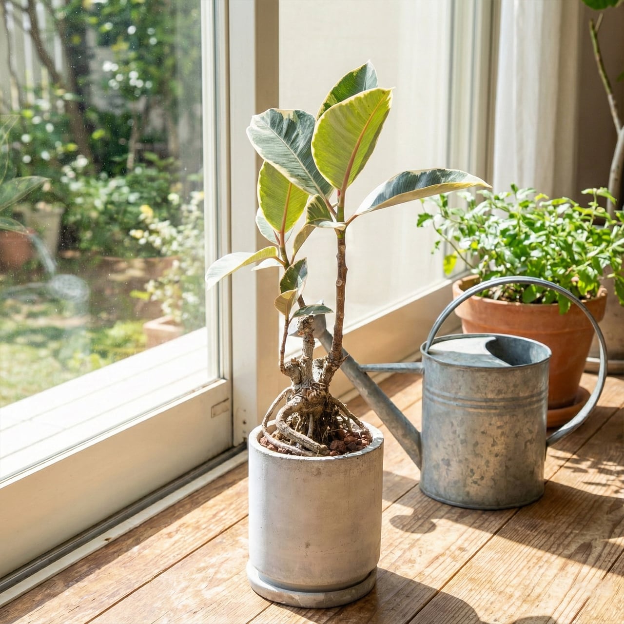 レア株|フィカス・ティネケ|絡み合う根元とトリコロールの葉が美しい観葉植物【虫発生抑制/手作りモルタル鉢】