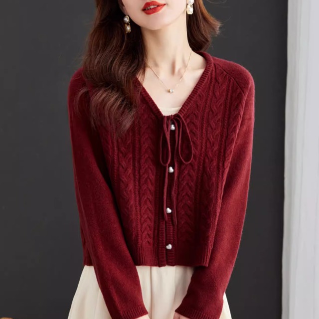 リボンタイ Vネック 長袖 ニットカーディガン K1055