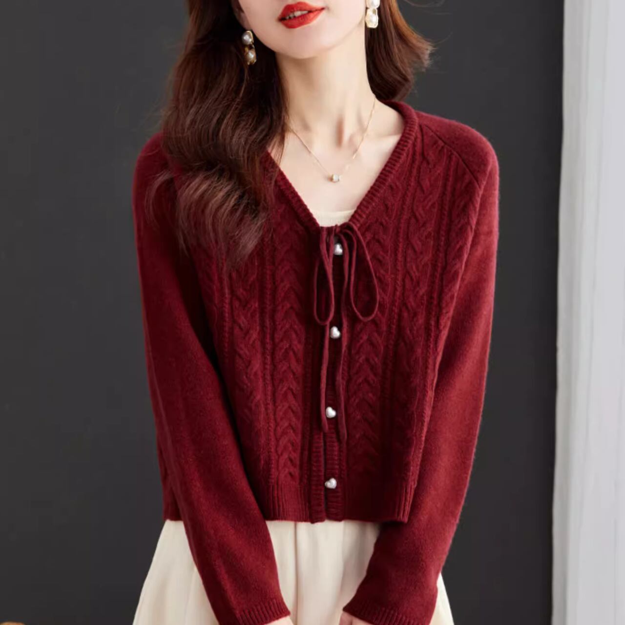 リボンタイ Vネック 長袖 ニットカーディガン K1055