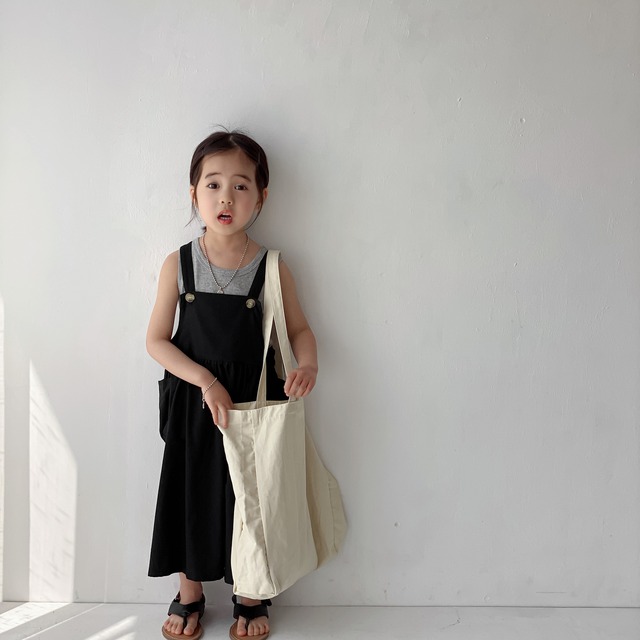 黒100,ベージュ100,110【即納】bobokids ペアコーデ　KIDSエプロンワンピース