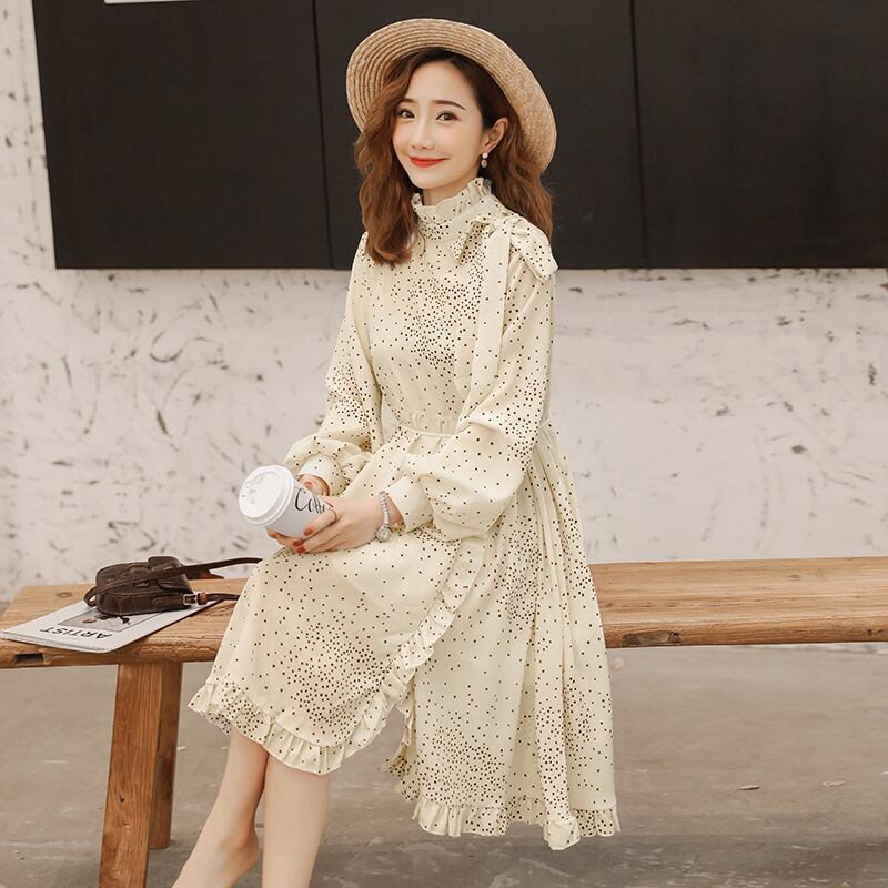 【新作】【送料無料】 マタニティウェア2020春秋新作シフォン水玉ドレススタイルスタンドアップカラールーズミドル丈マタニティドレス-アリババ スプリング 春物 オータム 秋物 expec230842407688