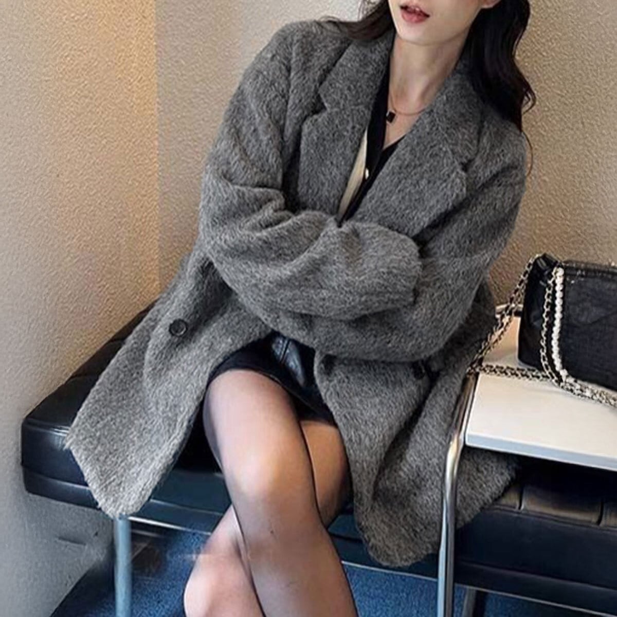 リッチシャギー ミドル丈 ジャケットコート レディース 秋冬 韓国 アウター きれいめ 大人 カジュアル 通勤 ビジネス オフィス おしゃれ 防寒 保温 暖かい 大人可愛い 大人女子