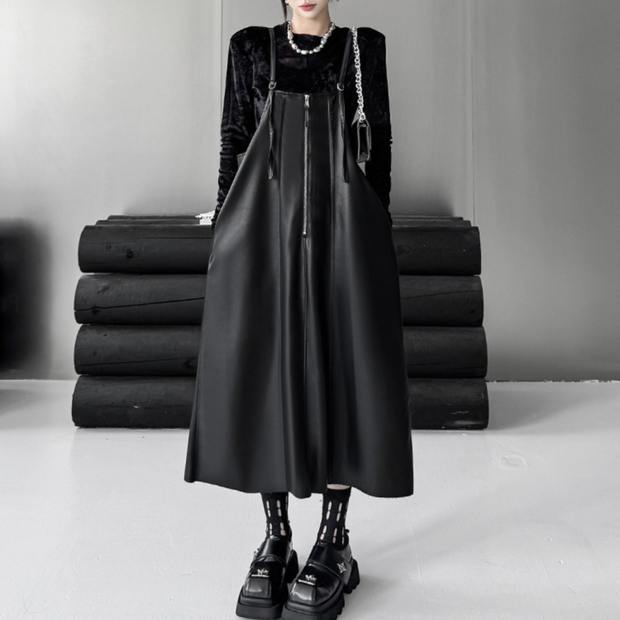 PU suspender midi dress(ME035)