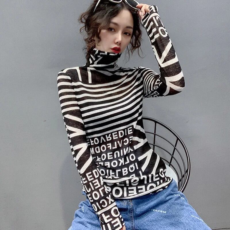 女性用長袖タートルネックTシャツ,タイトストライプTシャツ,薄手の綿レターTシャツ,セクシーな韓国スタイルTシャツ #4212