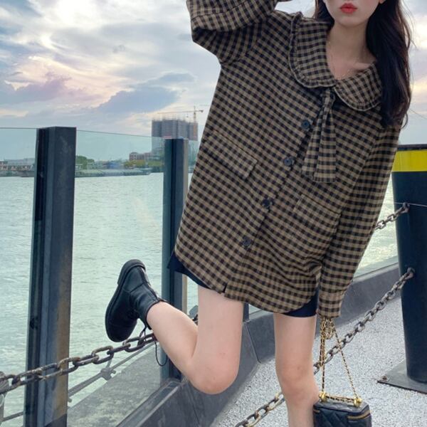 レトロガーリー オーバーサイズチェック柄シャツ A1130 Retro N