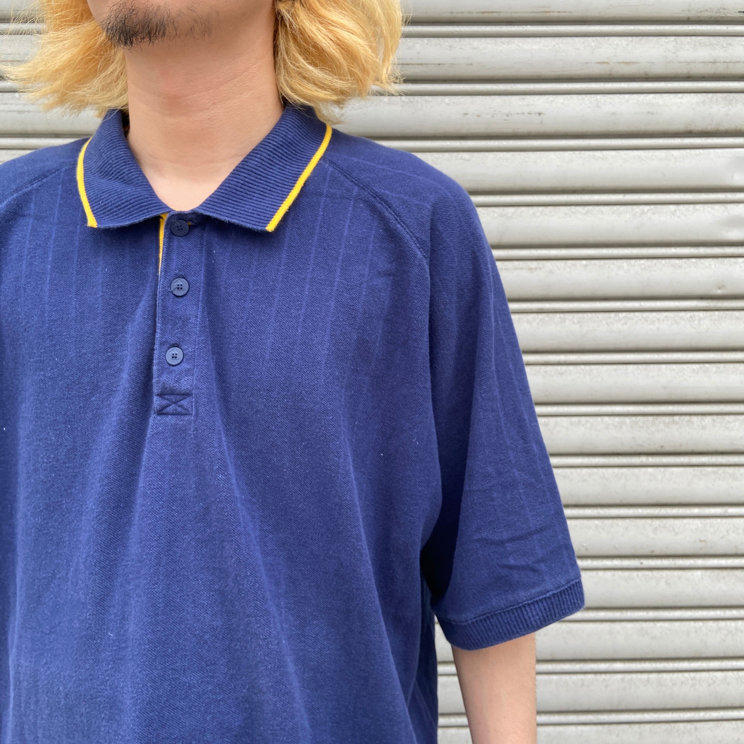 90s adidas アディダスゴルフ 半袖ポロシャツ ストライプ 紺 XL