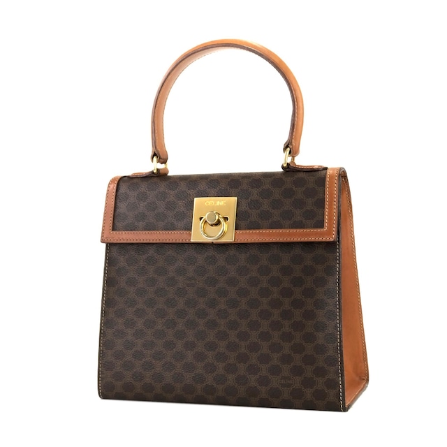 CELINE セリーヌ　マカダム　ガンチーニ　マンテル　PVC×レザー　ケリー　ハンドバッグ　ミニバッグ　ブラウン　vintage　ヴィンテージ　オールドセリーヌ　e5hztn