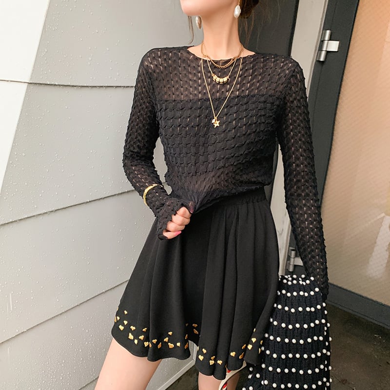 ♥ ブラック薄手ニットセーター オータムショートトップス ロング 秋物