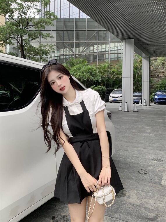 ドレス ブラックプリーツスカート サマー薄手 大人ガーリー スウィート キュート カジュアル 夏物 ブラックストロベリース47605527425