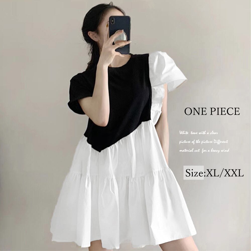 パフスリーブ 黒白 切り替えワンピース