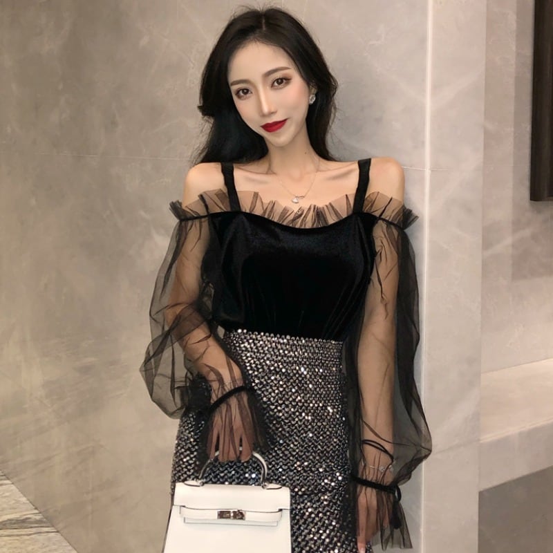 オータムドレス メッシュスリーブシャツ レディース ランタンスリーブ 秋物 ステッチ ハンチェンe16891631072