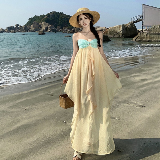 【SummerVacationシリーズ】ワンピース バックリボン スパンコール 海 撮影着 S M L