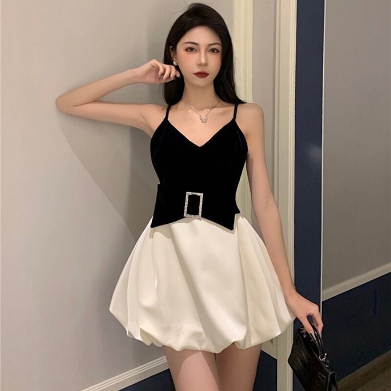 ベルベットVネックドレス スタイルウェスト薄手Aラインショートスカート リボン ハンチェンe98107003659