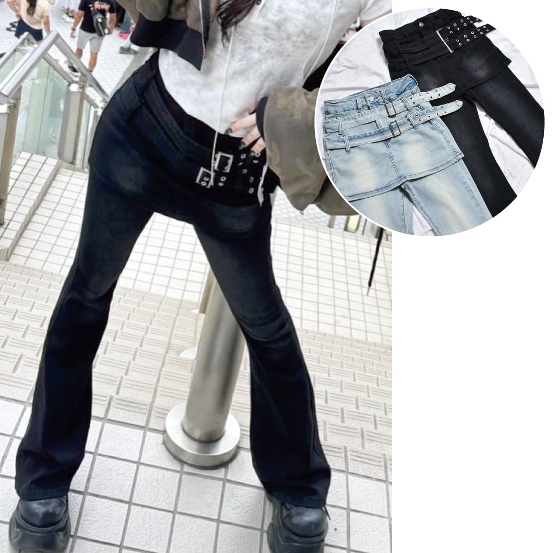 金曜17時まで▷1,208円OFF！】Wベルトレイヤードフレアパンツ