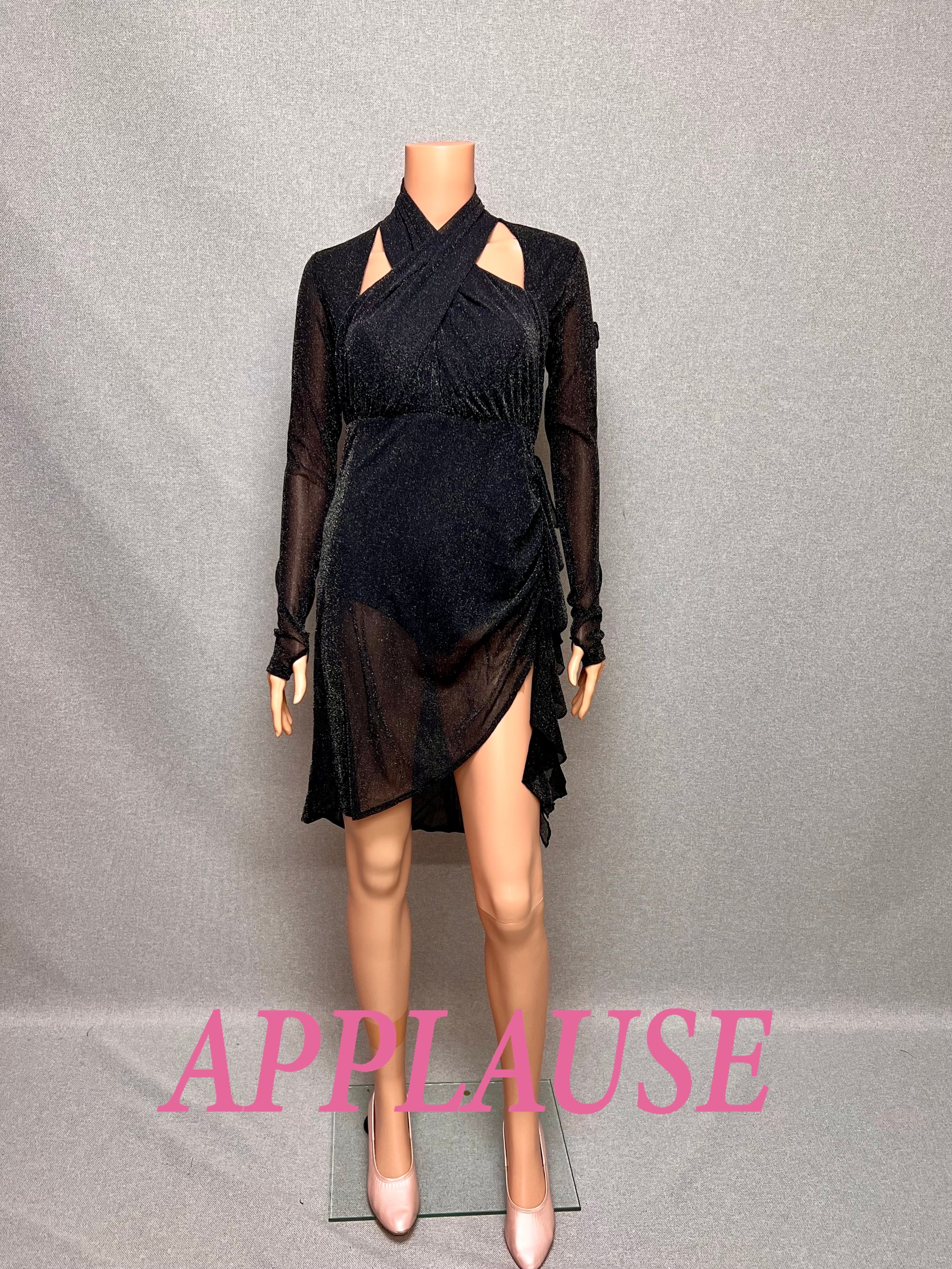 【新着】社交ダンス ドレス　ラテンドレス　LA-26-5　 ブラックラメストレッチメッシュワンピース　M  デモ・競技用ドレス　発表会衣装　パーティドレス　ワンピース　舞台衣装