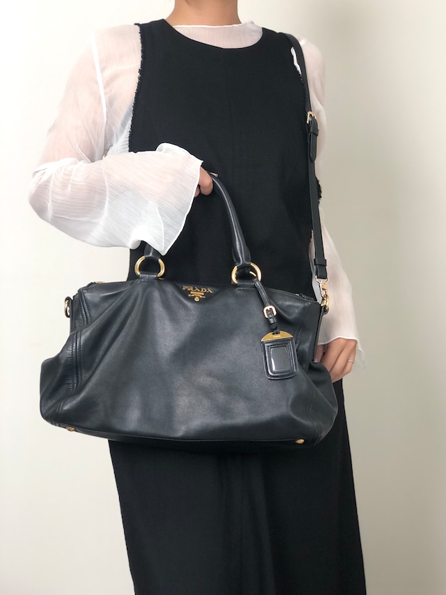 PRADA プラダ ショルダーバッグ ブラック ロゴ レザー ボストンバッグ vintage ヴィンテージ オールド k82hca