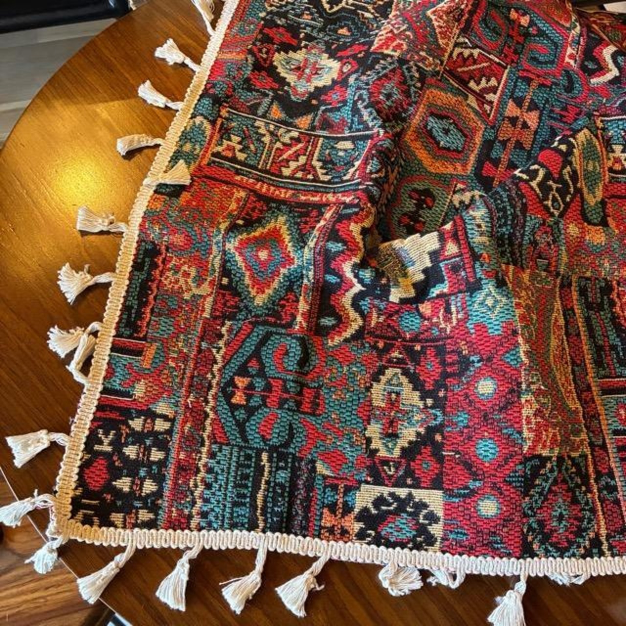 TOPANGA Homefurnishing　ジャガードキリムフリンジカーテン　150×240cm　エスニック　トライバル　遮光　厚手　レッド　ゴブラン織　カーテンポール　ボヘミアン