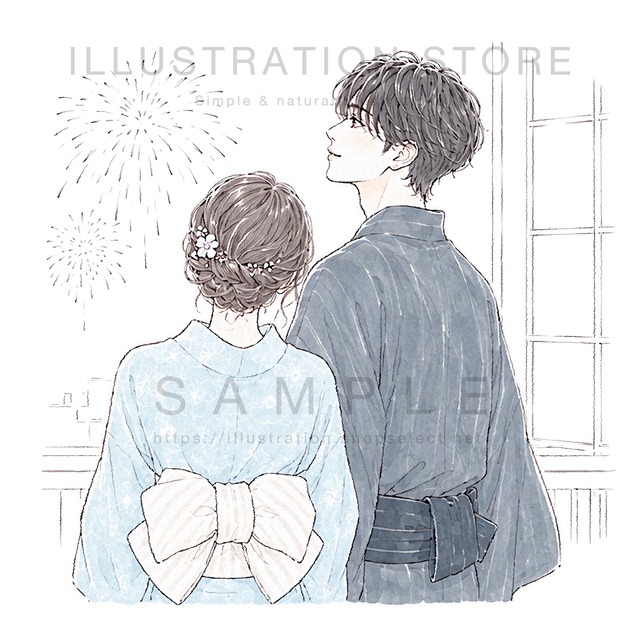 花火を見上げる浴衣姿のカップルのイラスト素材