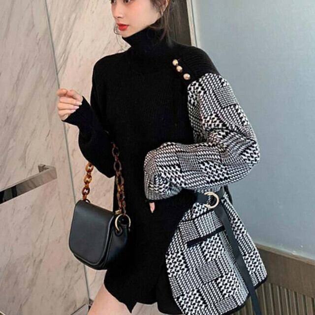S/M/L レディース トップス チェック切替 サイドストラップ ショルダーボタン ニット ブラック