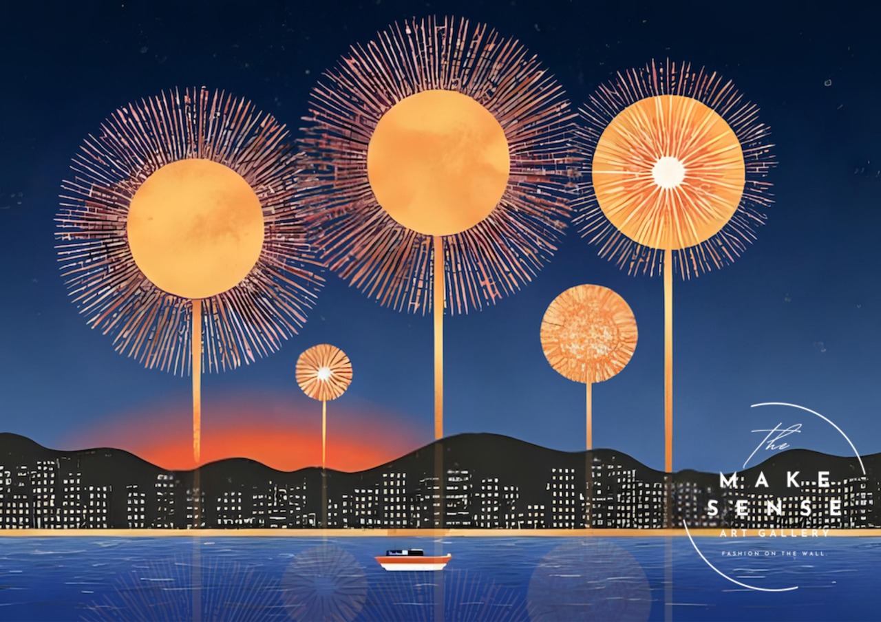 夜空のオーブ・シンフォニー｜金色の球体花火が輝く夜景アートポスター｜幻想的な光と都市のシルエットが彩る一枚｜A4ポスター