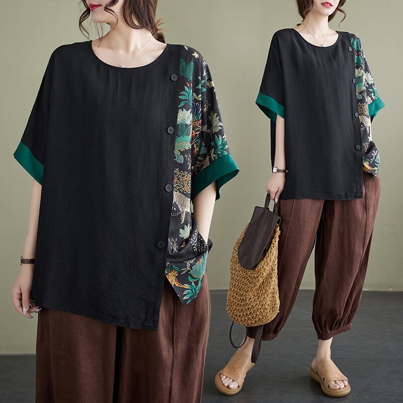 NATURE STITCH ROUND NECK HALF SLEEVES WIDE DESIGN TOP 1color M-7404