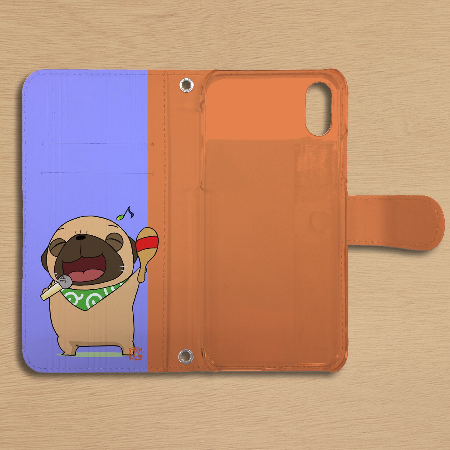 スタンド付き 両面印刷 手帳型 iphoneケース Hiphopパグ（フォーン）