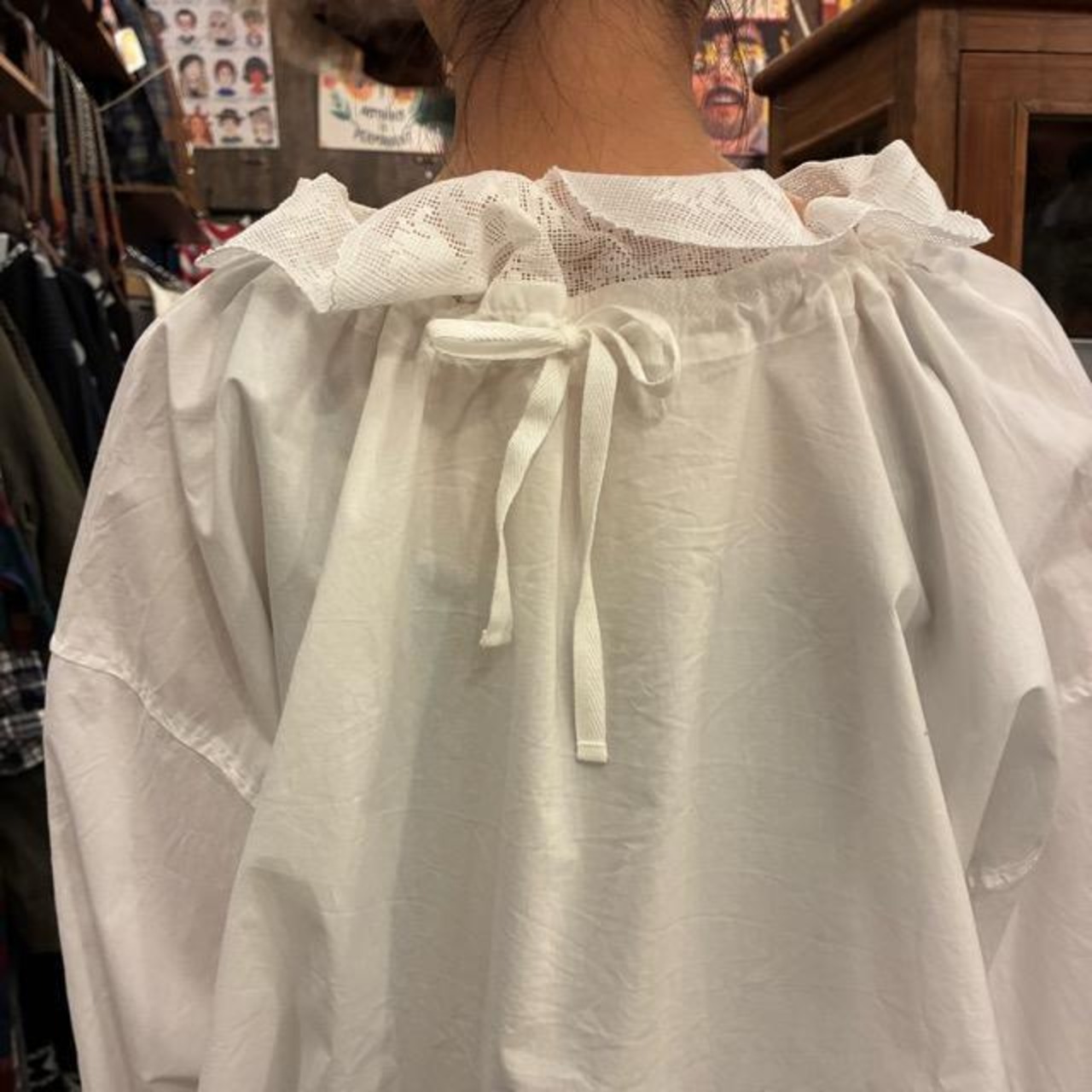 UNIVERSAL SEVEN Natural Typewriter Italian Fille Lace 2-Way Blouse, White/White, Long Sleeve, Cotton, Front and Back