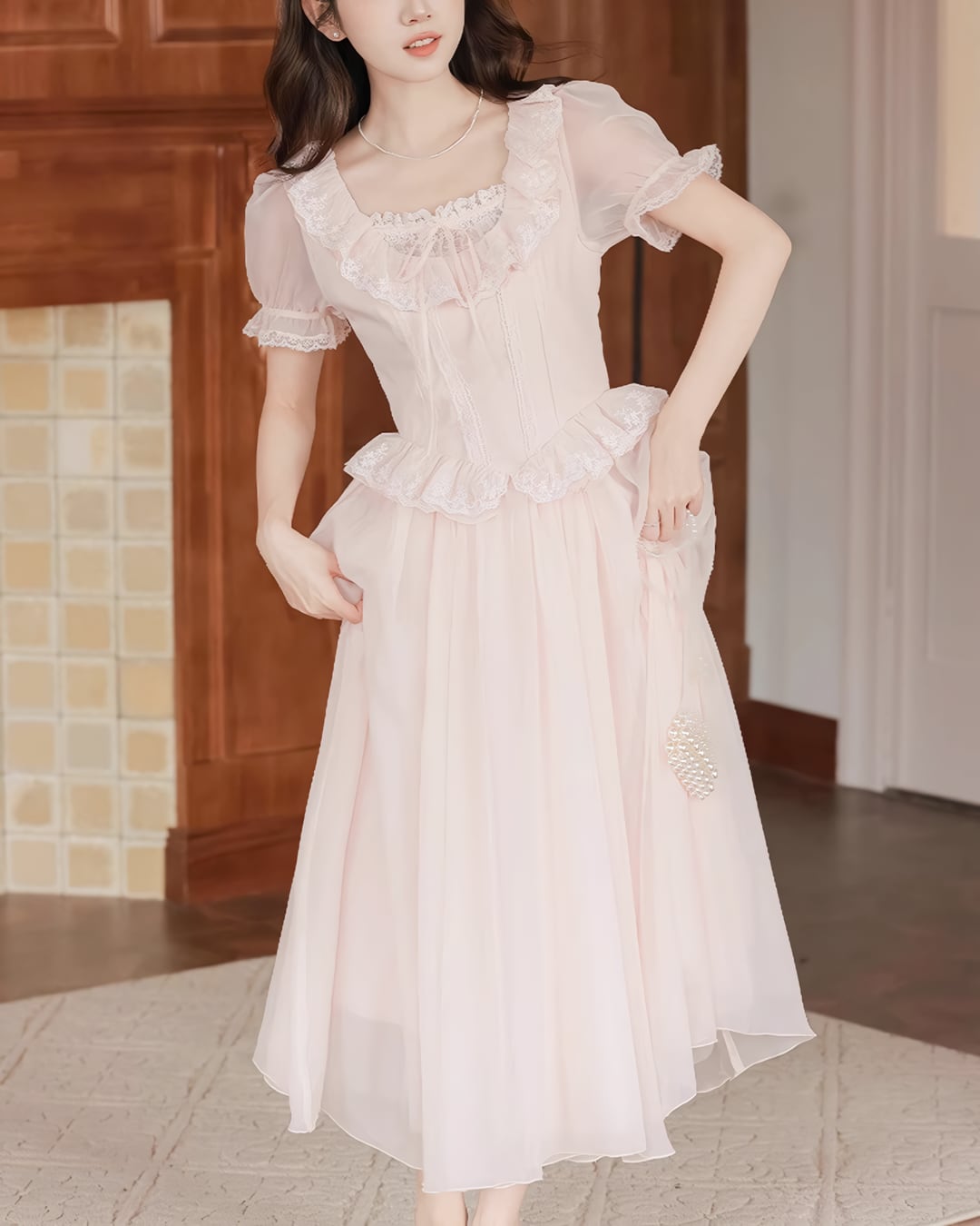 フレンチペールピンクシフォンワンピース 2506091