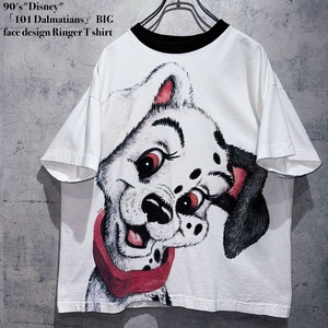 90's"Disney"「101 Dalmatians」 BIG face design Ringer T shirt