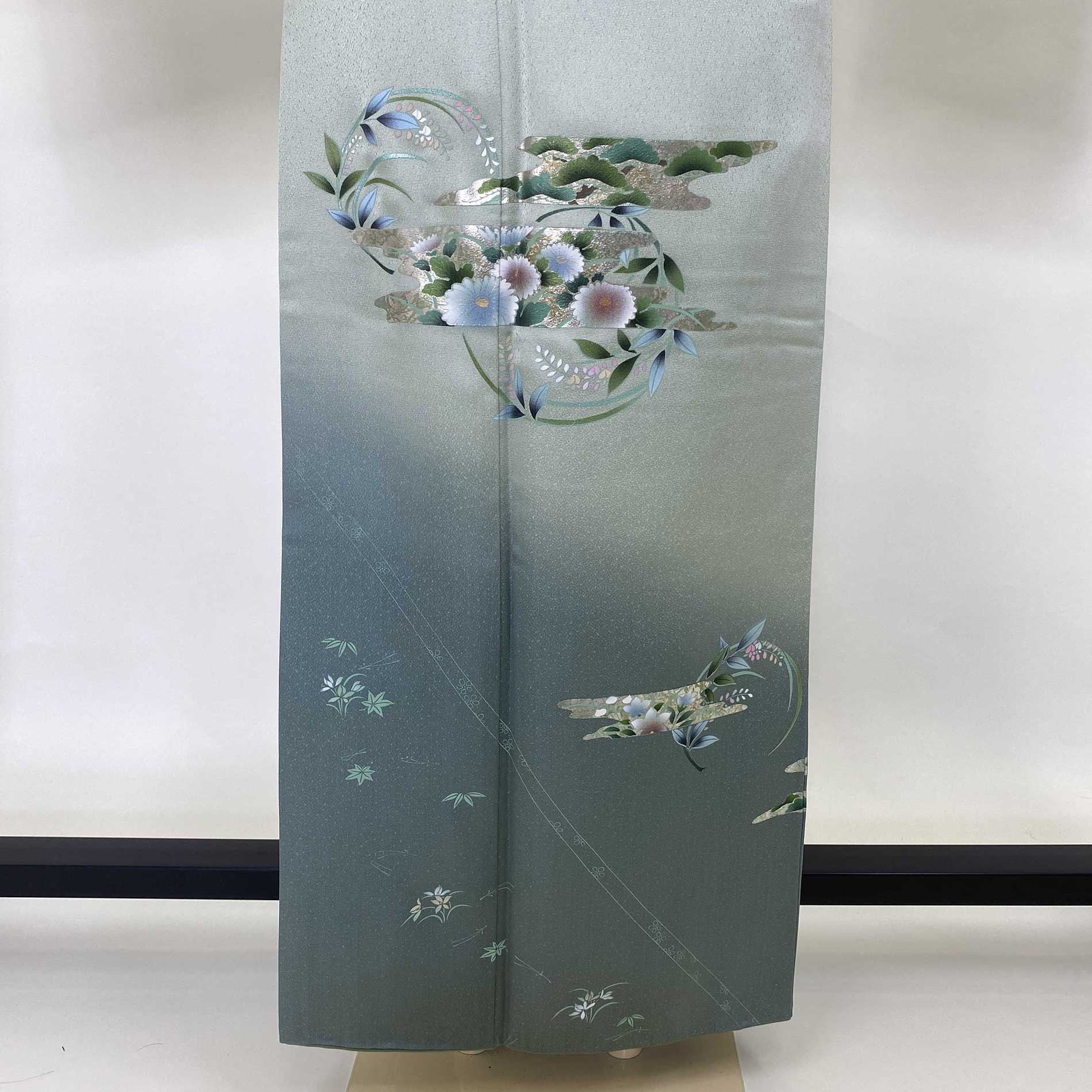 付け下げ 訪問着 中古 古典柄 花柄 薄い緑 緑 松 菊 裄65.5cm 身丈157cm 結婚式 着物 入学式 卒業式 礼装 1161 付け下げ 訪問着 中古 古典柄 花柄 薄い緑 緑 松 菊 裄65.5cm 身丈