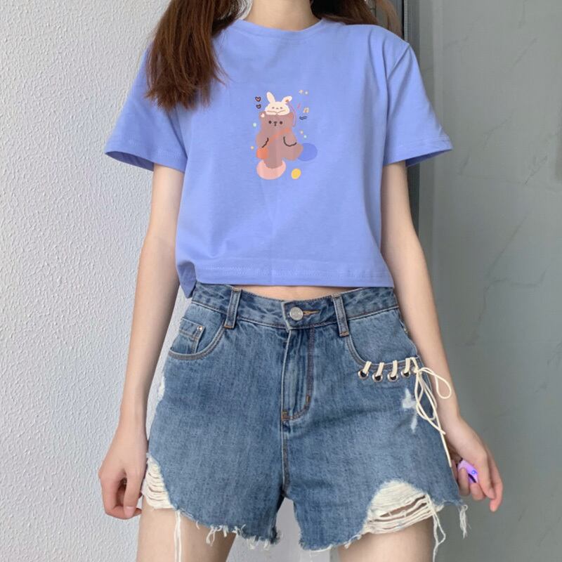 サマープリント柄ショートTシャツ ルーズ薄手ハイウェストウェストクロップドトップス 夏物 萌量不足77900596237