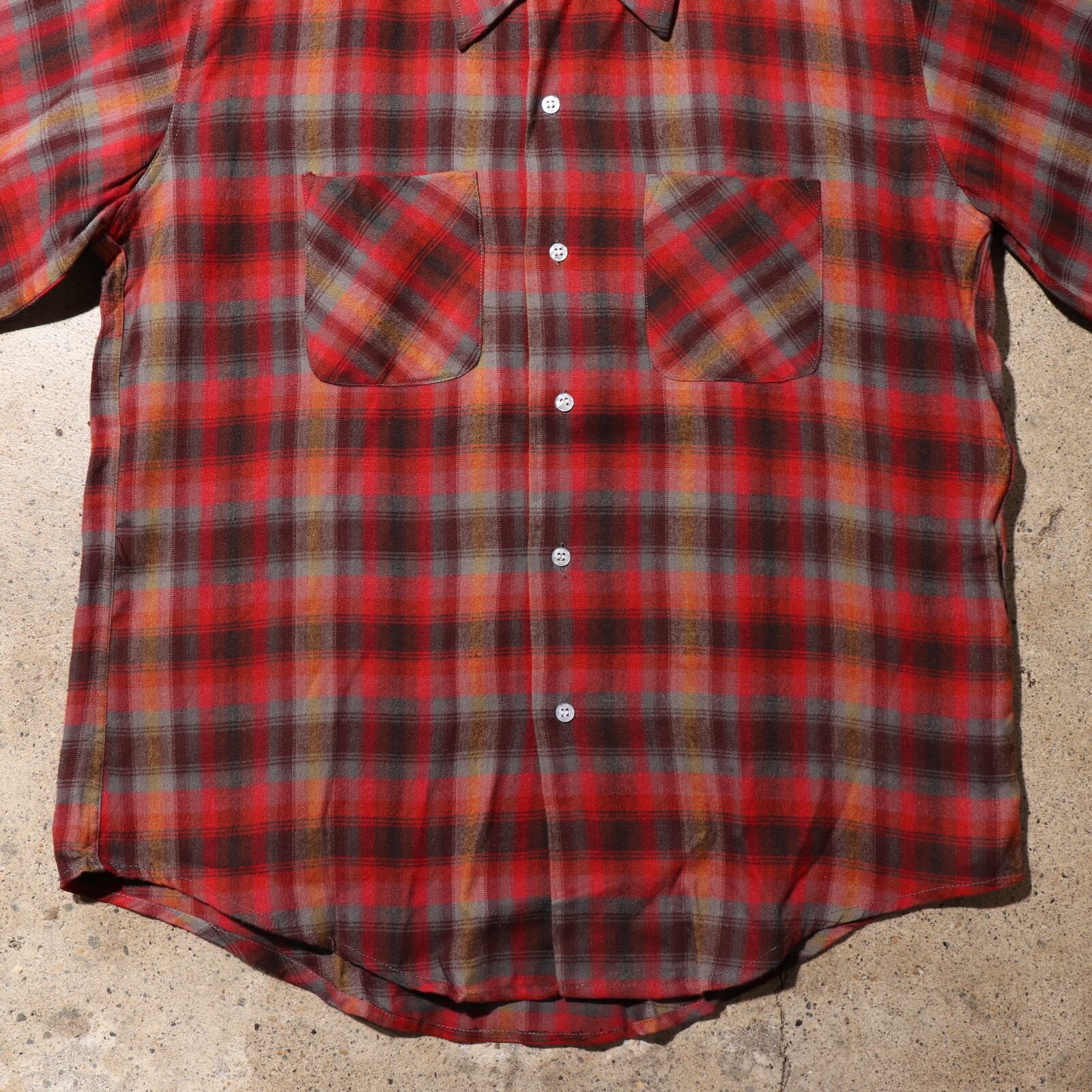 Deadstock L 70s レーヨン オンブレチェックシャツ 長袖 CAMPUS 赤 