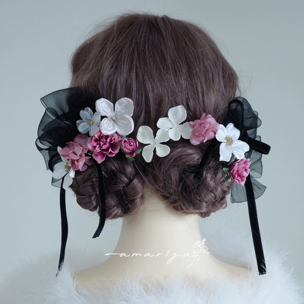 髪飾り ブラックリボンとホワイトマーブル