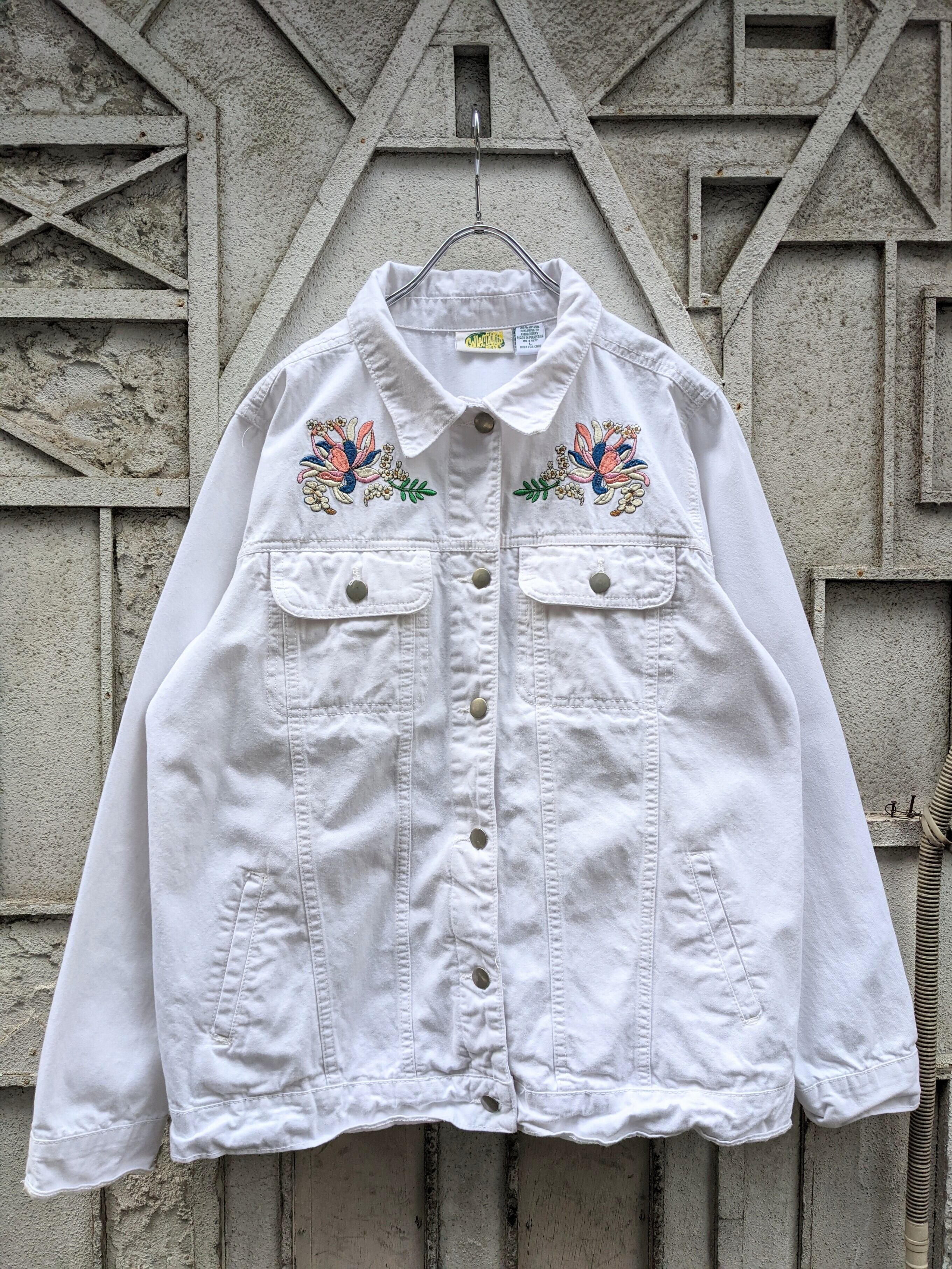 "FLOWER" embroidery white denim jacket 深緑オンライン