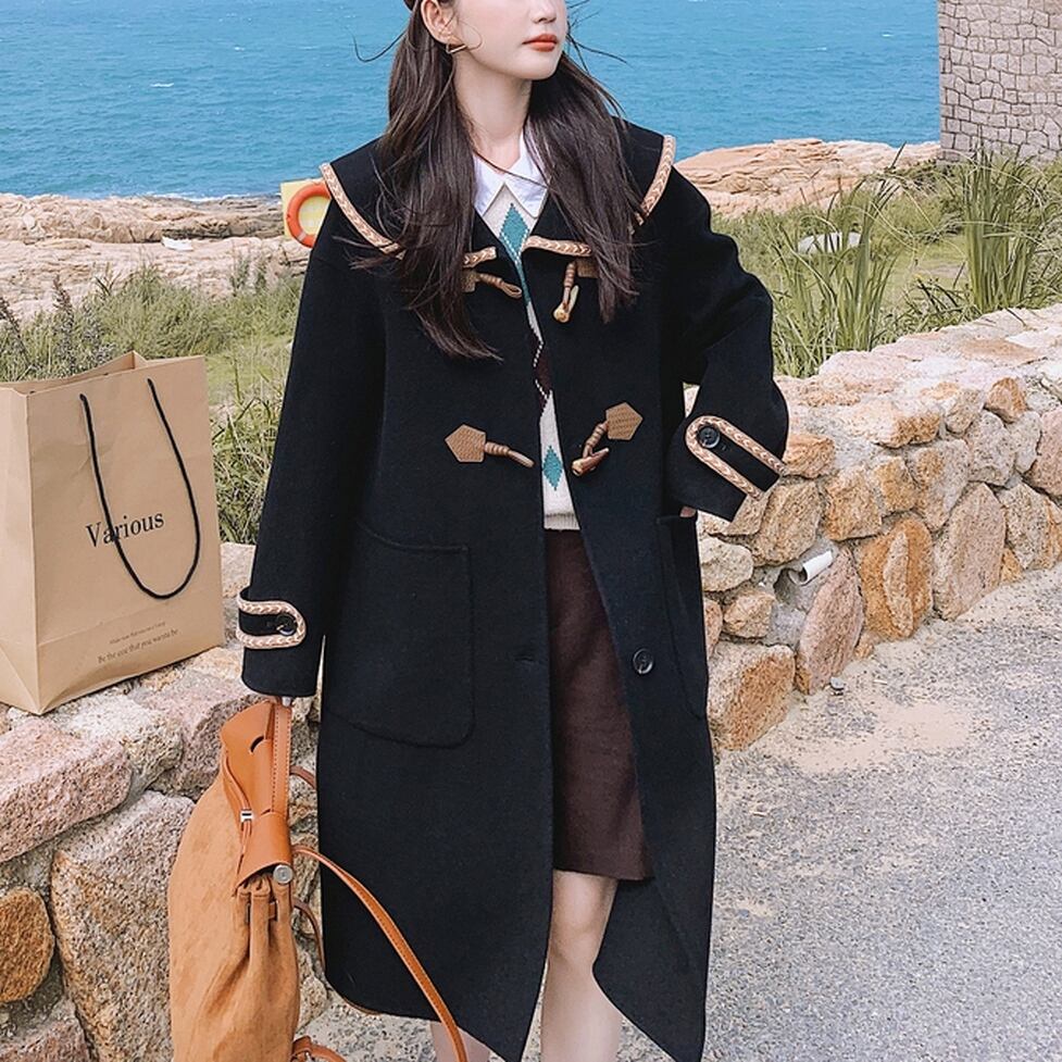 ビッグカラーダッフルコート 襟付きロングダッフルコート レディース