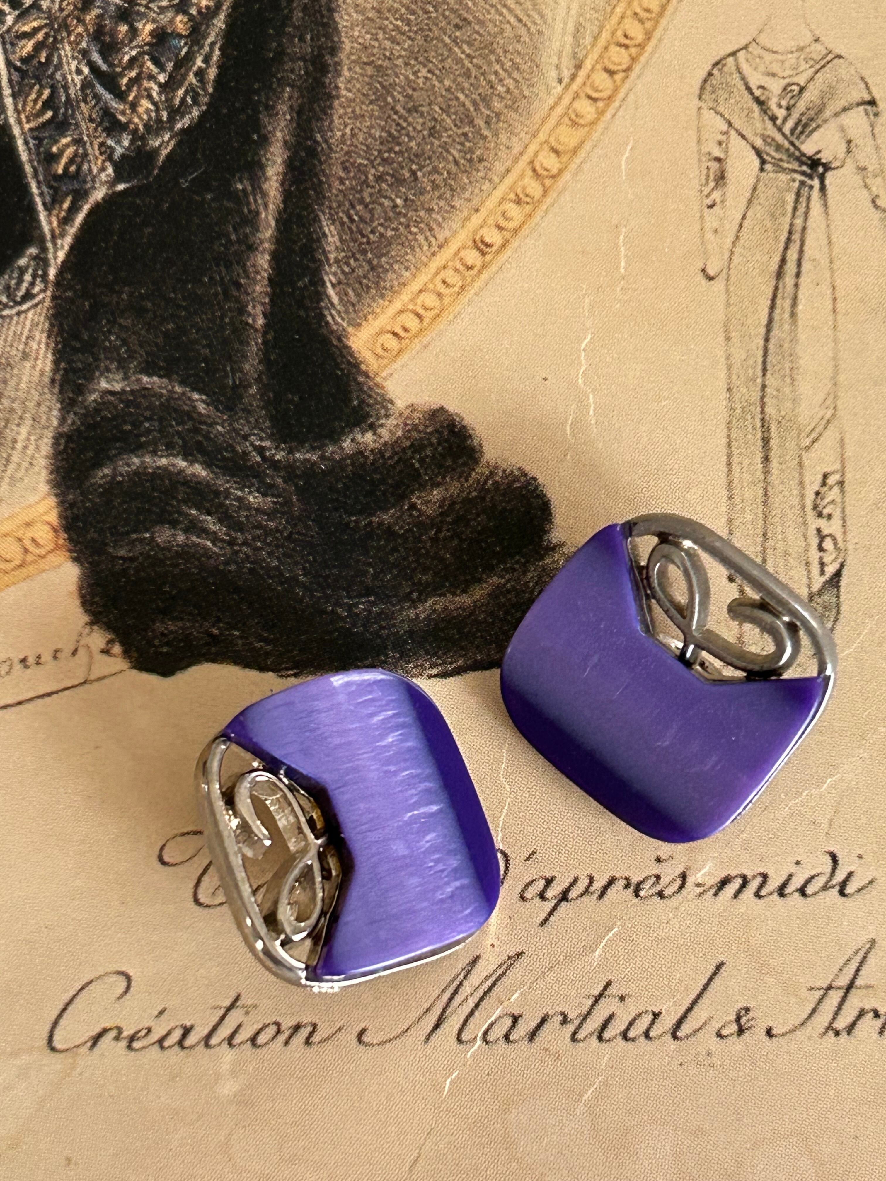 Japanese Vintage ボタン 15mm 角なしスクウェア カボション 透かし パープル×シルバー アクセサリーパーツ 装飾材 カルトナージュ