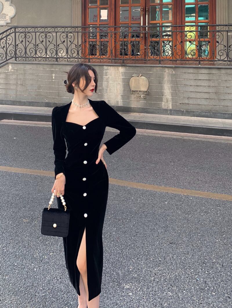 ブラックベルベットVネックドレス レディースオータムウィンターソリッド カラースリムスカート 秋物 冬物 ソリッドカラー ドラファッションホール71459661382