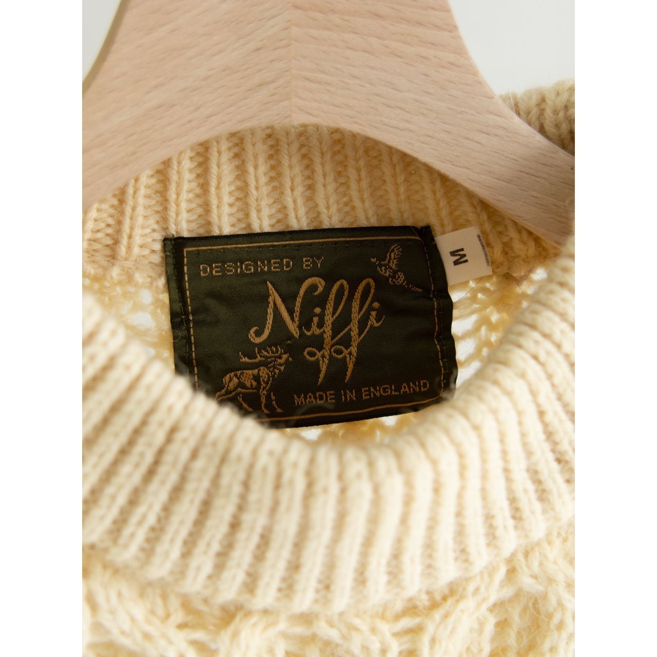 【Niffi】Made in England 100% wool Aran sweater(ニッフィ 英国製 ウールアランセーター クルーネックケーブルニット)12a