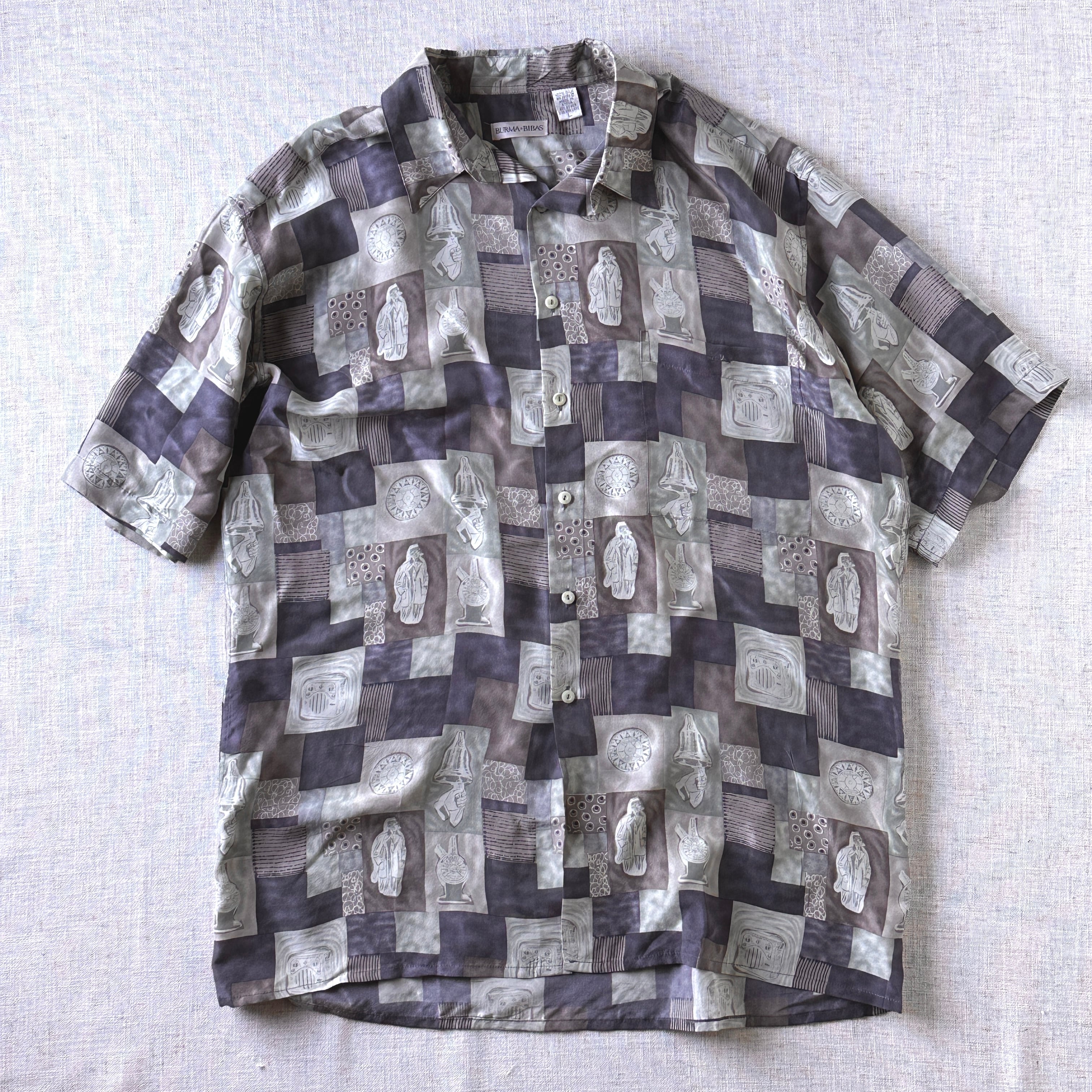 90's BURMA BIBAS Silk Pattern Open Collar Shirt L