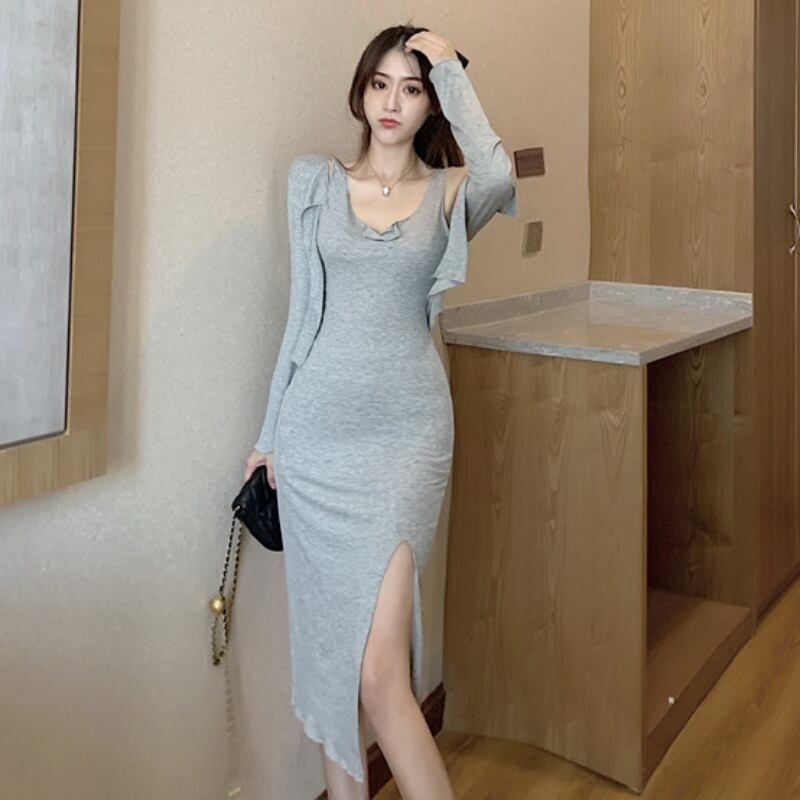 スプリングスリムドレス カジュアルソリッド カラーカーディガンレディース ロング 春物 ソリッドカラー YY-ファッション90363170540