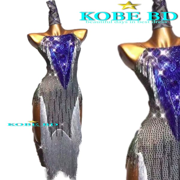 社交ダンス⭐️オーダーラテンドレス⭐️シルバーロイヤルフリンジ(銀/青)【商品番号 A - 23148 】